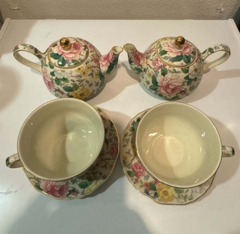 Special Place Vintage Floral Porcelain Tea for One Set w/Teapots, Cups & Saucers